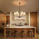 Farmhouse Chandelier 6 Light 31.5", Black Chandelier Modern Dining Room Light Fixtures over Table Island Lighting Fixture with Linen Fabric Shades for Kitchen Living Room Foyer Entryway Bedroom