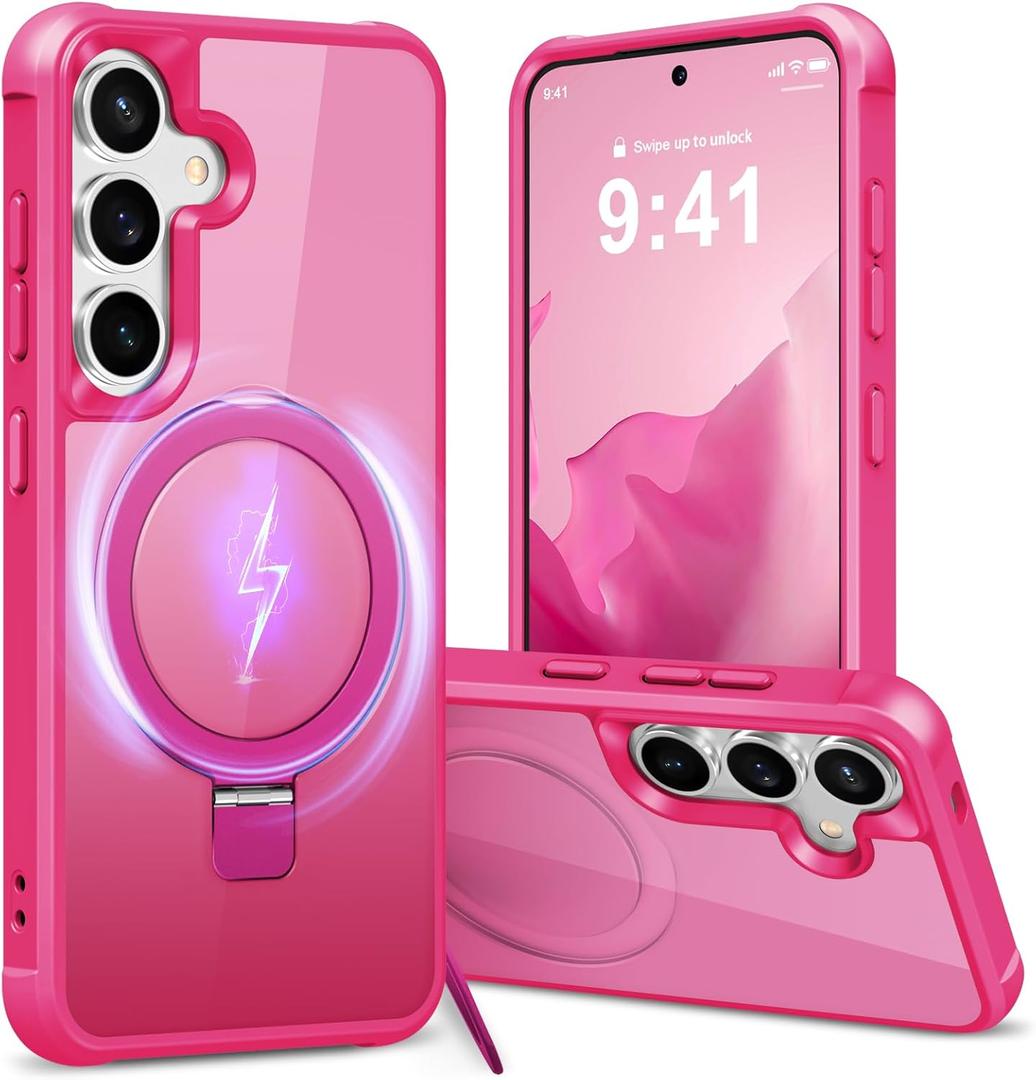 Hocase for Samsung Galaxy S25 Case, with Ring Stand [Magnetic Wireless Charging Supported] [Military Grade Protection] Slim Shockproof Translucent Protective Phone Case - Hot Pink