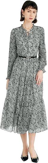 Women's Vintage Floral Print Long Sleeve Dress with Lace Collar and V-Neck Design Mid-Length A-Line Dress M