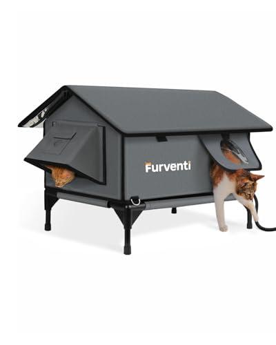Heated Cat House for Outside,Extremely Weatherproof&Insulated in Winter,Elevated Outdoor Cat Shelter with Waterproof Eaves&Escape Door for Feral Stray Barn Cats(Dark Grey,M)