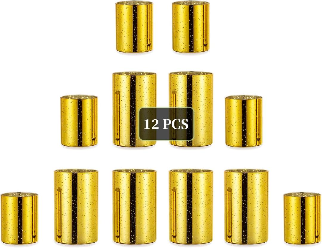Glasseam Small Gold Vases for Centerpieces: Hurricane Glass Candle Holders Living Room Decor Set of 12, Votive Holders Wedding Centerpieces for Tables Flowers