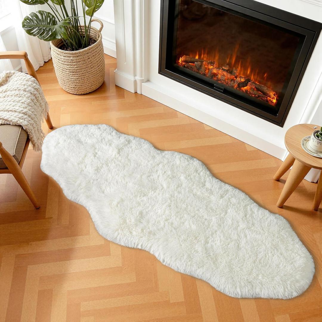 Runner Rug for Bedroom Hallways, 2x5 Fluffy Shag Throw Rug for Bedside, Soft Non-Slip Long Furry Shaggy Carpet for Living Room Home Decor, Cream White