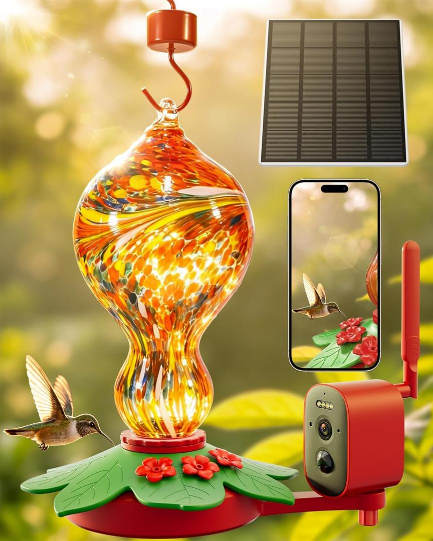 Hummingbird Feeder with Camera 2.5K 5MP Solar-Powered Glass Bottle Smart Humming Bird Feeder with AI Recognition, Upgraded Leak-Proof & Ant Moat, Instant Alerts, Works with Alexa & Google Assistant