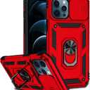 Phone Case for iPhone 12 Pro Max with Camera Lens Cover HD Screen Protector,Military Grade Ring Car Mount Kickstand Hybrid Hard PC Soft TPU Shockproof Protective Red