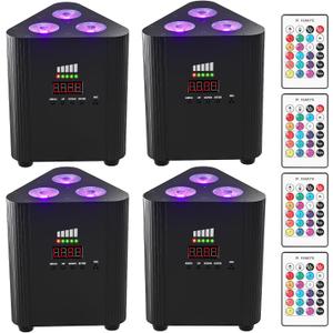 Rechargeable RGBW 4 in 1 Stage Lights, 3X6W Battery Powered LED Par Lights Uplighting, Remote DMX Sound Activated Cordless Uplights for Events, Party, Wedding, Concert, Dance, Church 4Pcs