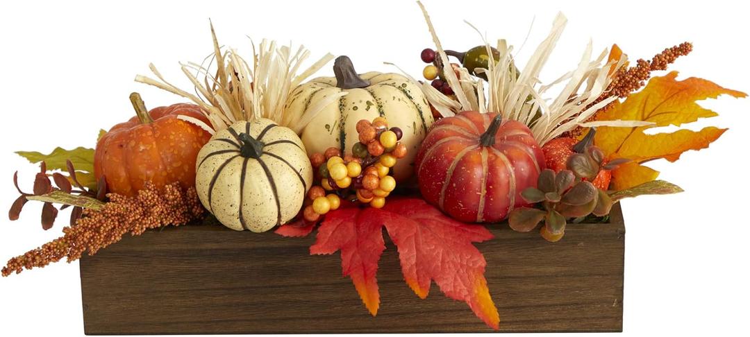 Nearly Natural 16in. Harvest Pumpkin and Berries Artificial Arrangement in Wood Vase