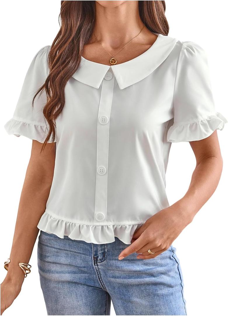 SweatyRocks Women's Ruffle Short Sleeve Button Front Blouse V Neck Collar Business Shirt (Medium, White)