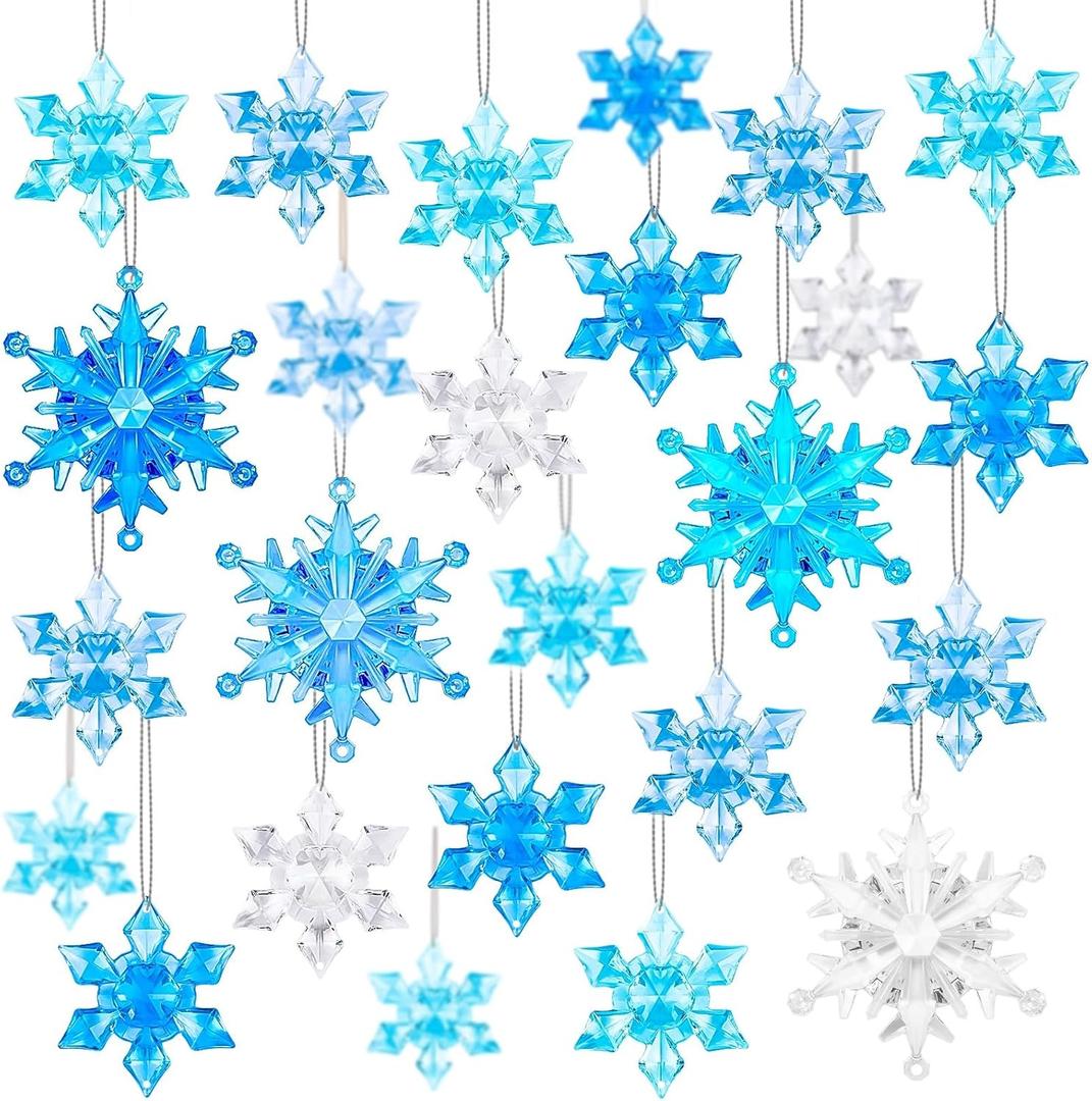 60Pcs Winter Snowflake Ornaments, Winter 3D Translucent Snowflake Hanging Ornaments for Christmas Tree Crystal Gems Pendants with Rope for Holiday Party Vase Filler (Blue)