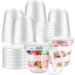 Jingmore 25 Pack 9.5oz Clear Plastic Yogurt Parfait Cups Disposable Overnight Oats Containers with Lids and Spoons Cake Fruit Jars for Food Storage Salad Ice Creams Pudding Snacks (Round Style)