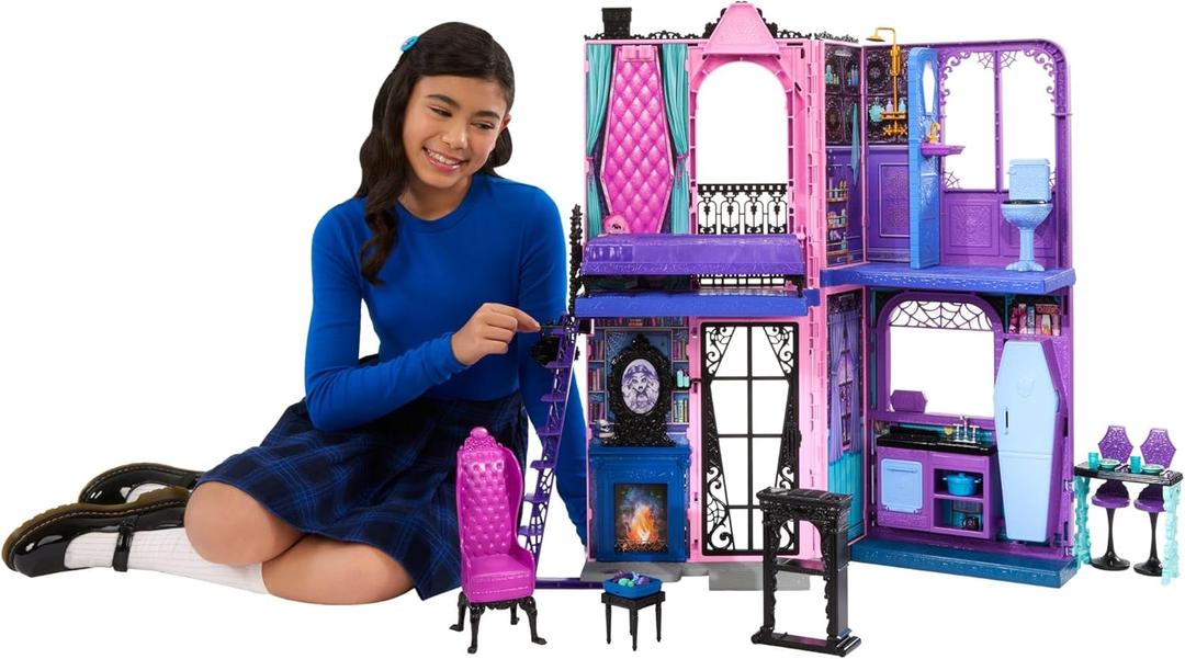 Monster High Boo-tique Hotel Doll House, Foldable Playset with Spooky Surprises in Every Room and 13+ Pieces Including Furniture and Accessories