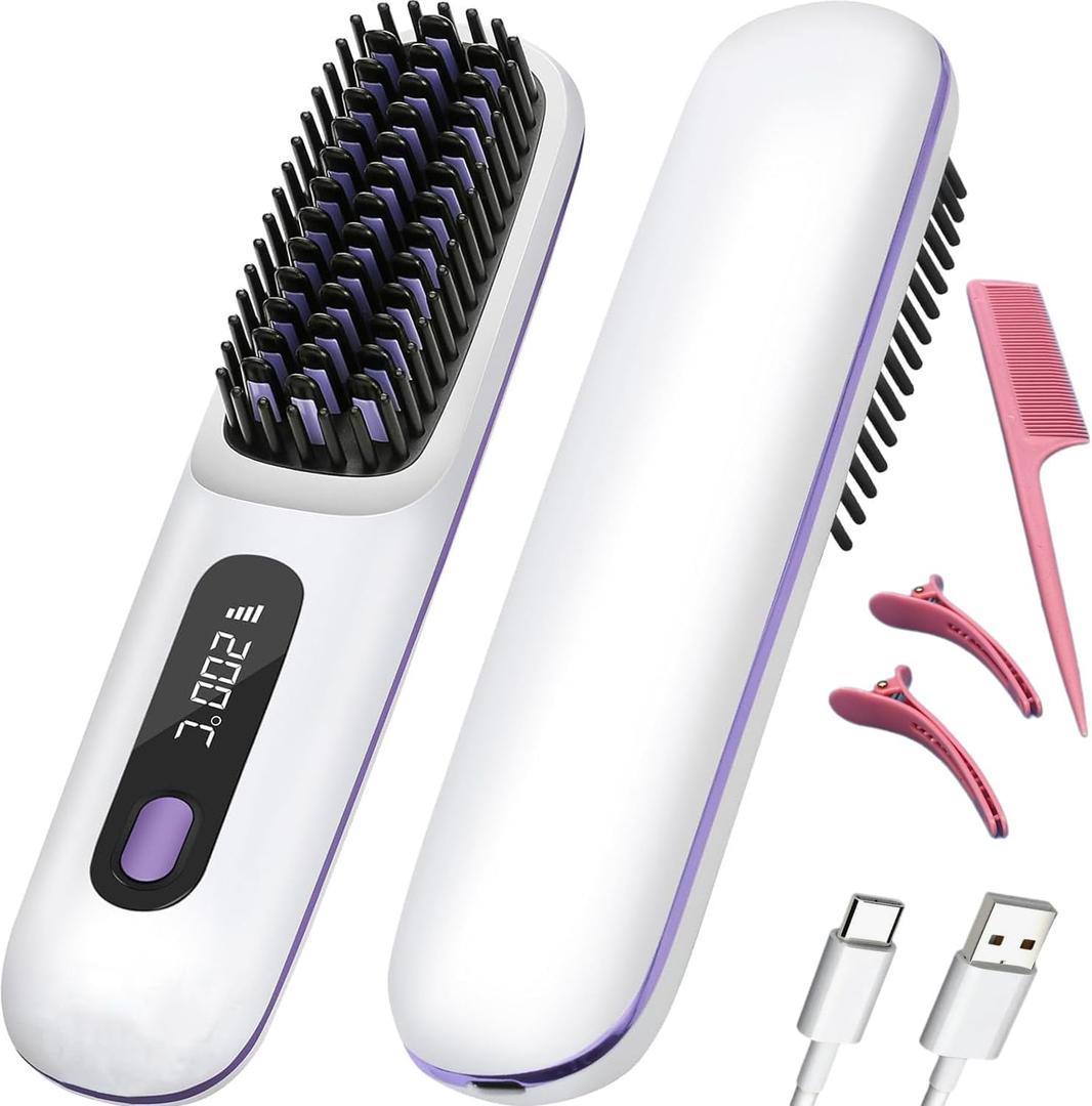 Numoya Go Brush Pro Cordless Hair Straightener Brush Portable Go Travel Hot Comb Mini Negative Ion Straightening Lazy Crimper Rechargeable 15 Minutes Auto Shutoff Gift for Women(White)
