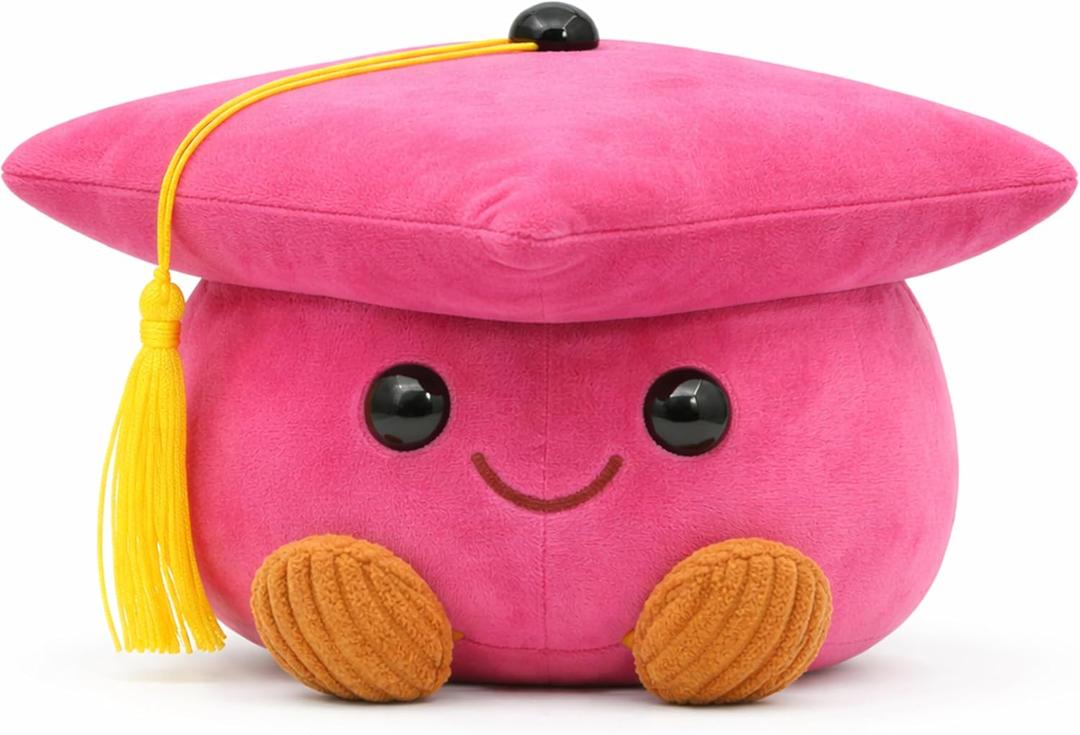 Cute Graduation Cap Plush Figurine, Soft Stuffed Mortarboard Decor with Smiley Face & Gold Tassel, Ideal Graduation Keepsake for Graduates, Friends & Colleagues (Pink)