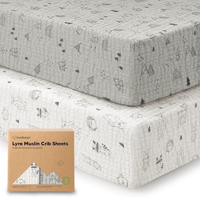 KeaBabies 2Pack Muslin Crib Sheets for Boys, Girls  100% Organic Cotton Fitted Baby Crib Mattress Sheet, Soft Breathable Standard Toddler Bed Cover Bedding Set, Neutral, Durable 52x28 (Woodland)