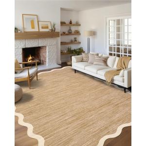 GarveeHome Scalloped Washable Rug 6x9 Rugs for Living Room Modern Brown Nursery Rug Large Area Rug for Bedroom Non Slip Throw Rugs Soft Low Pile Stain Resistant Carpet for Classroom 6'x9' Light Brown