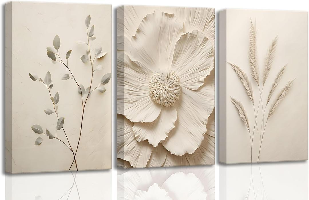 3Pcs Neutral Beige Floral Plant Canvas Wall art Textured Flower Botanical Painting Picture Wall Decor Vintage Blossom Poster Prints for Living Room Bedroom Bathroom Decoration