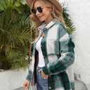Women's Brushed Plaid Shirts Long Sleeve Flannel Lapel Button Down Cardigan Boyfriend Shacket Jacket Coats (Green, L)