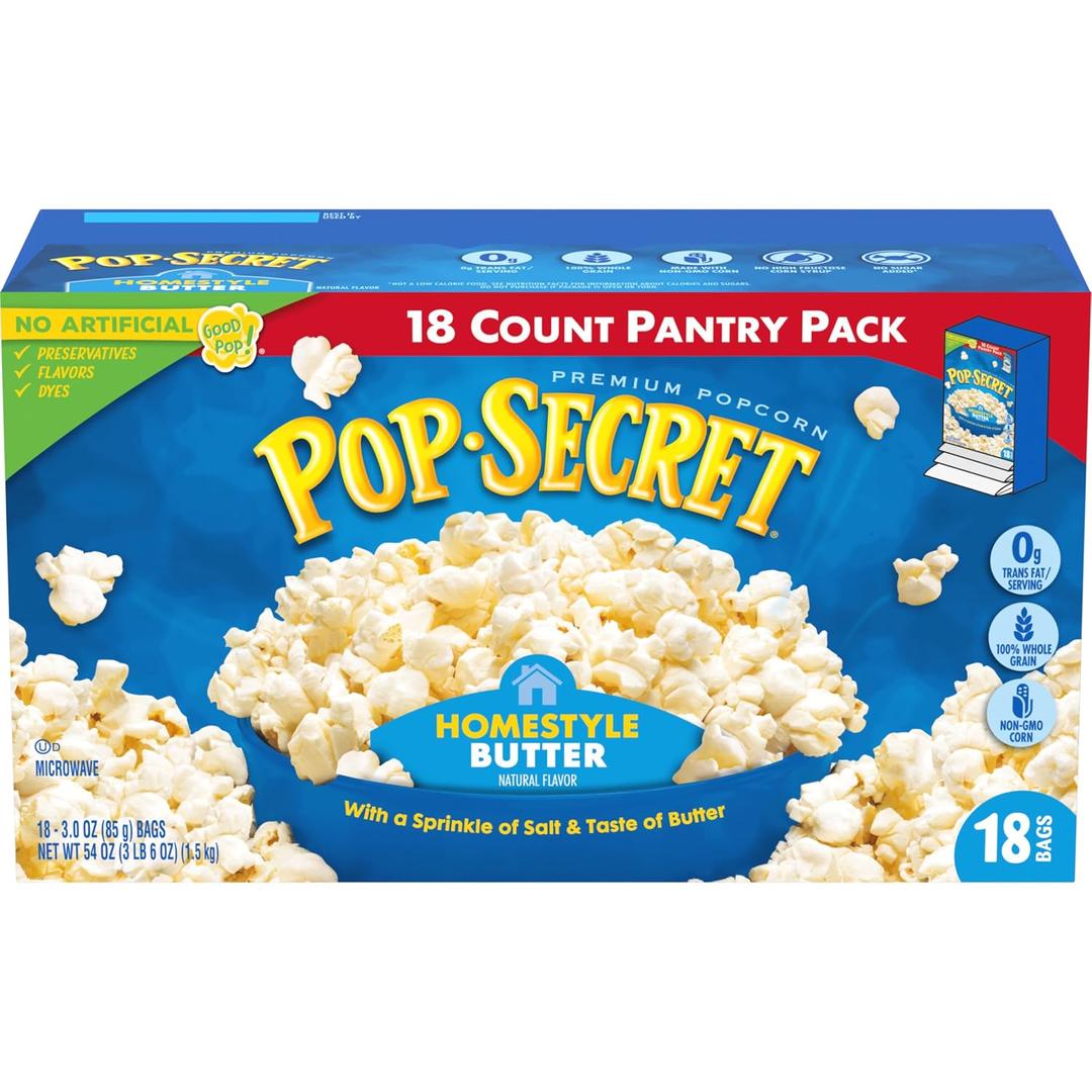 Pop Secret Popcorn, Homestyle Butter Microwave Popcorn, 3 Ounce (Pack of 18) (EXP 02/01/27)