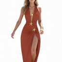EDOLYNSA One Piece Swimsuit with Cover up Skirt Starfish Swimwear Sets for Women Halter Bathing Suits Vacation Beach Dresses (Large, Orange)