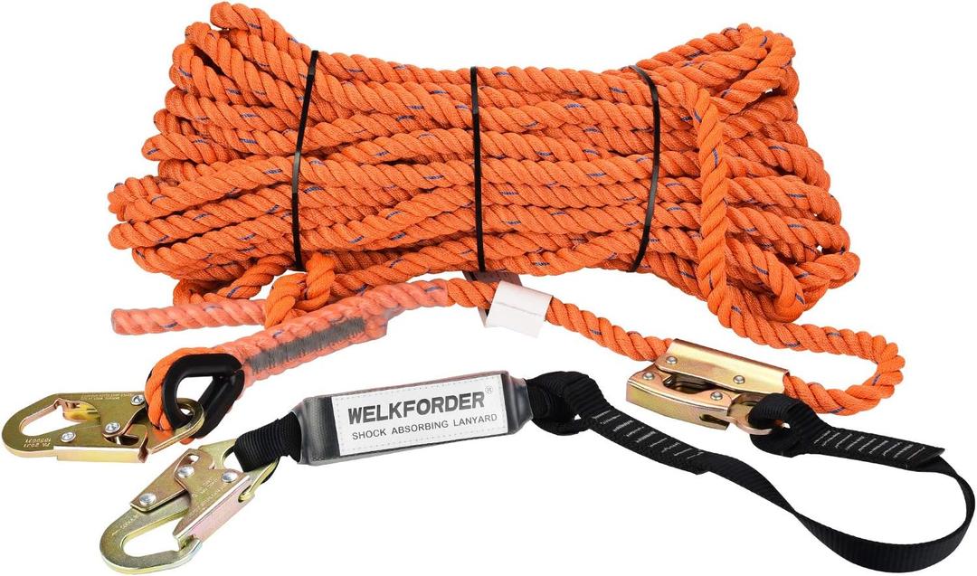 100FT Vertical Lifeline Assemble Three Strand Rope Fall Protection with Rope Grab Snap Hooks Shock Absorber Fall Protection Safety Equipment ANSI Compliant