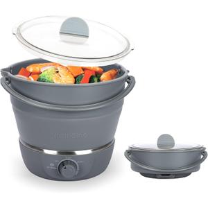 Drizzle Foldable Electric Cooker Travel Hot Pot - Dual Voltage 100V-240V Hot Pot Cooking - Food Grade Silicone Cookerware Boiling Water Steamer - Camping Office Hotel Noodle Porridge Soup Drom (Gray)