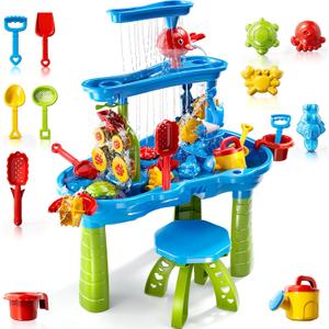 3-Tier Kids Water Table for Toddlers Kids Ages 3-5 4-8, Summer Outdoor Water Table Beach Kids Toys, Toddler Sensory Activity Sand Box Play Set with Rain Showers Splash Pond for Boys Girls