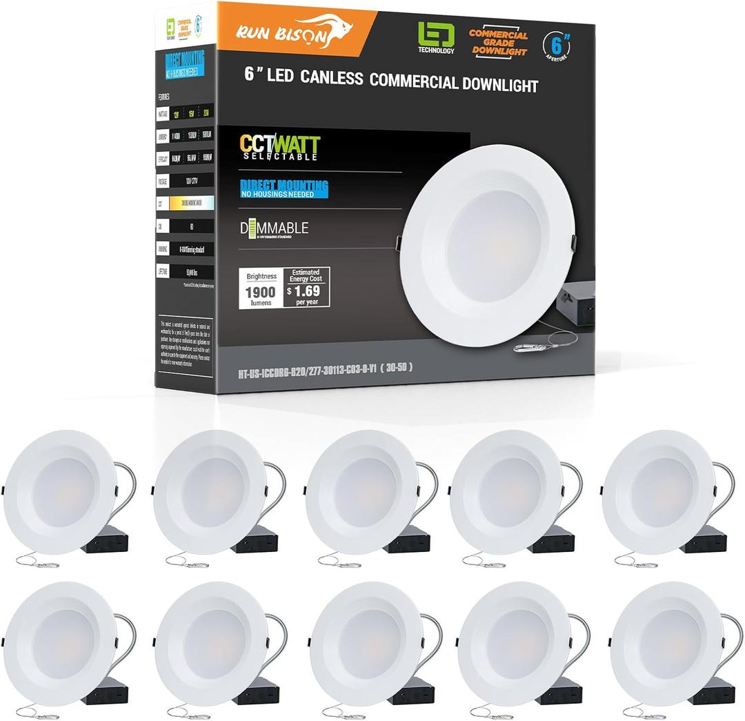 Run Bison 6 Inch Recessed LED Commercial Downlight with J-Box, Wattage Adjustable 12/16/20W,3 Color Selectable 3000K-5000K, 120-277V,0-10V Dimmable, IC Rated,Canless LED Downlight - 10 Pack