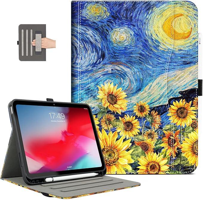 iPad (A16) 11th Generation Case 2025, for iPad 10th Generation Case Shockproof with Pencil Holder, Multi-Angle Adjustable Stand View with Pocket/Hand Strap/Auto Wake Sleep Starry Night Sunflowers