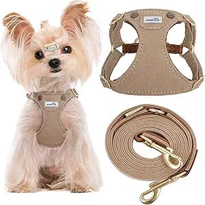 No Pull xs Dog Harness with Multifunction Dog Leash,Soft Adjustable No Choke Escape Proof Pet Harness Vest,Denim Mocha Brown,XS