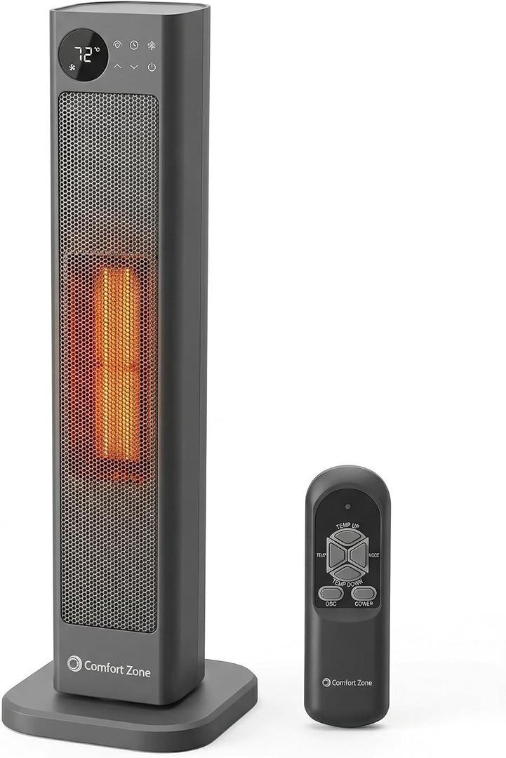 Comfort Zone 30-Inch Oscillating Tower Space Heater with Remote Control 1500W High Velocity Ceramic Heater, Digital LCD Thermostat, 12-Hour Timer, ECO Mode, Safety Tip-Over & Overheat Protection