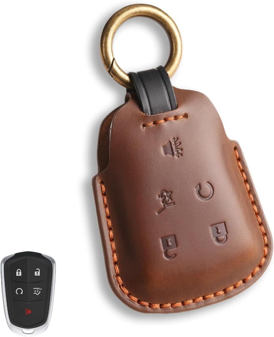 Fits The Remote for Cadillac Key fob Cover Perfectly, Compatible with 2015-2020 CT4 CT5 CT6 XT4 XT5 XT6 ATS CTS SRX XTS 5 Button Key Fob Chain Case Shell/Brown