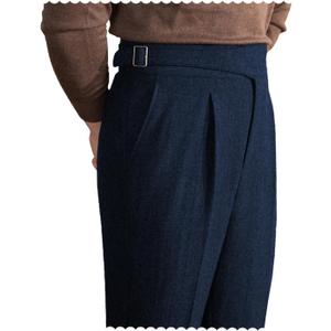 Men Trousers Vintage Tweed Blend Pants Herringbone Slim Fit Pleat-Front Pant Navy30W×30L (Blue)