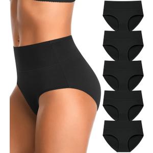 High Waisted Womens Underwear Cotton Tummy Control Postpartum Full Coverage Panties Stretch Briefs Black (Large)