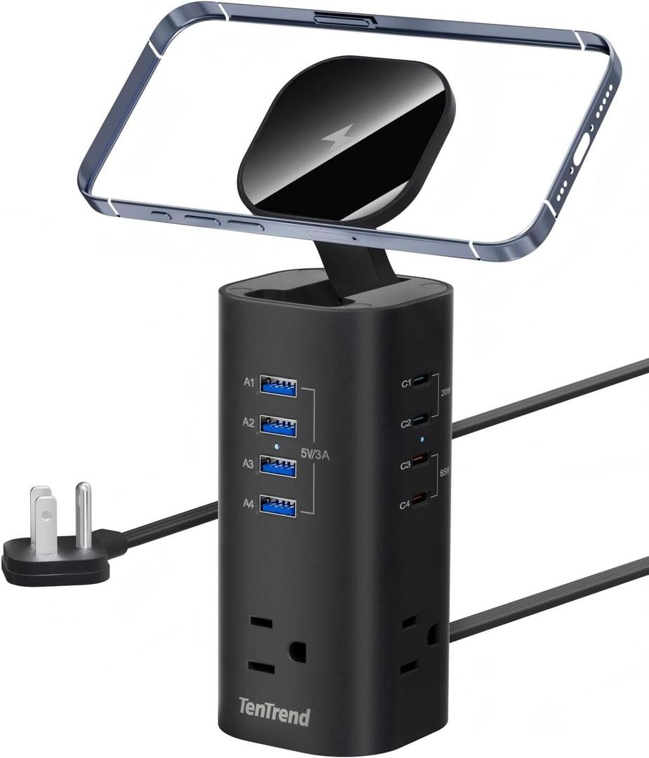Flat Plug Surge Protector Tower, TenTrend Power Strip Tower with Surge Protection, 3 AC Outlets & 8 USB Ports, 5FT Extension Cord, 115W Total Fast Charging Tower for Multiple Devices