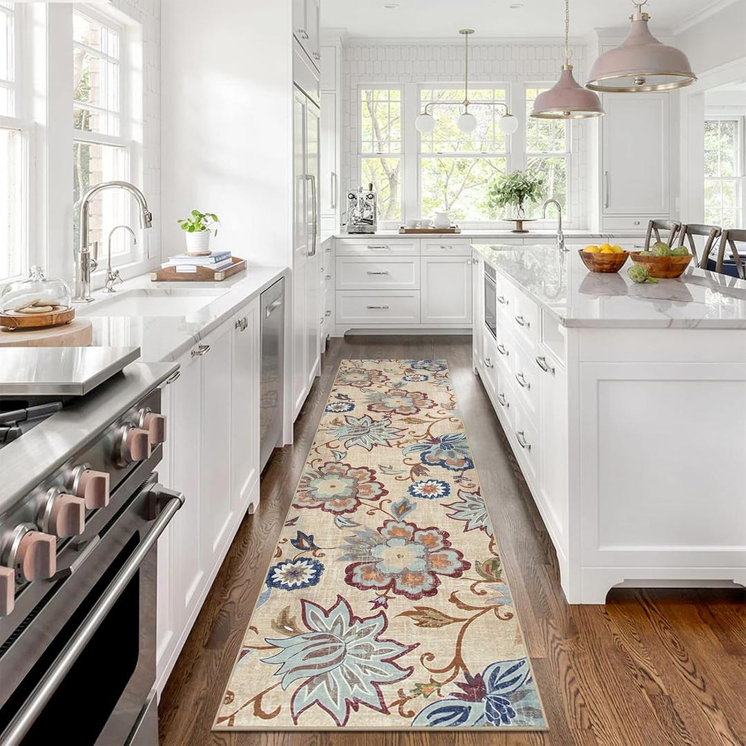 Beeiva Floral Carpet Runners for Hallway 8ft, Hallway Washable Kitchen Runner Rug Non Slip, Ultra Thin Vintage Plant Carpet Rugs with Low Pile for Kitchen Bathroom (Cream,2'x8')