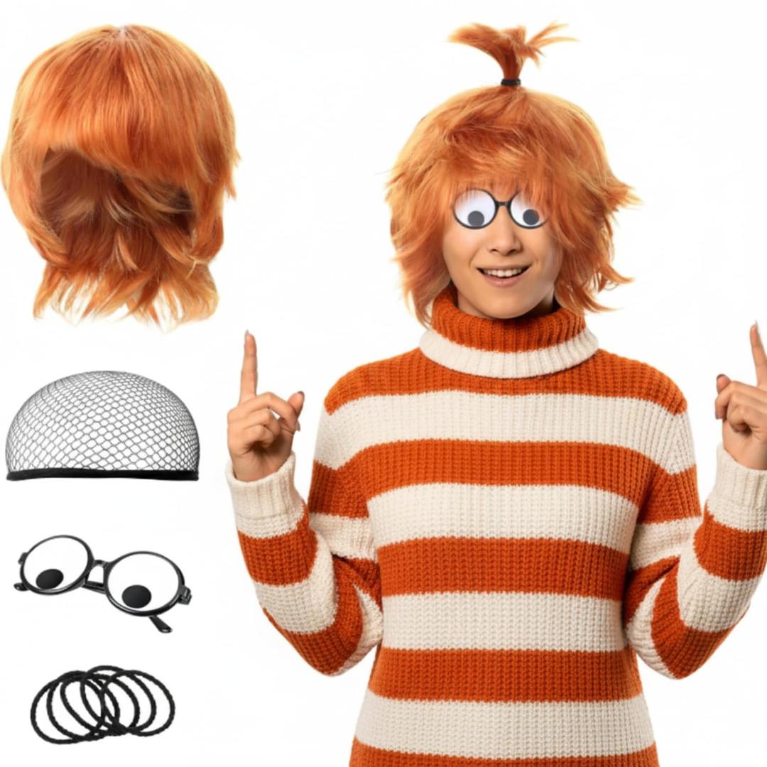 4pcs Halloween Costume Accessories 2025 Set Orange Crazy Wig Googly Eye Glasses, Black Hairbands & Ponytail for Women Man Adults Cosplay Character Funny Dress up Cosplay Party