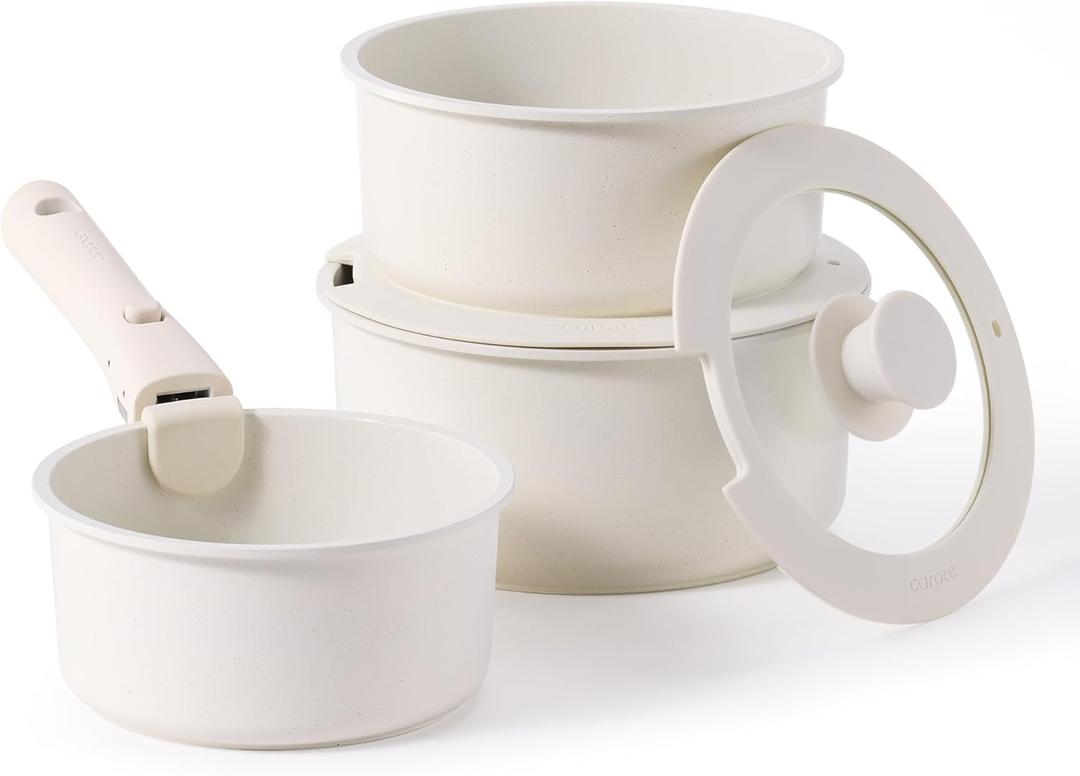 CAROTE 6pcs Nonstick Sauce Pan Sets with Lid 3 Sizes1.5QT, 2QT & 3QT, Non Stick Cooking Pot with Detachable Handle, Kitchen Sauce Pots Induction Pot, PFOA FREE, Dishwasher Safe, Cream White