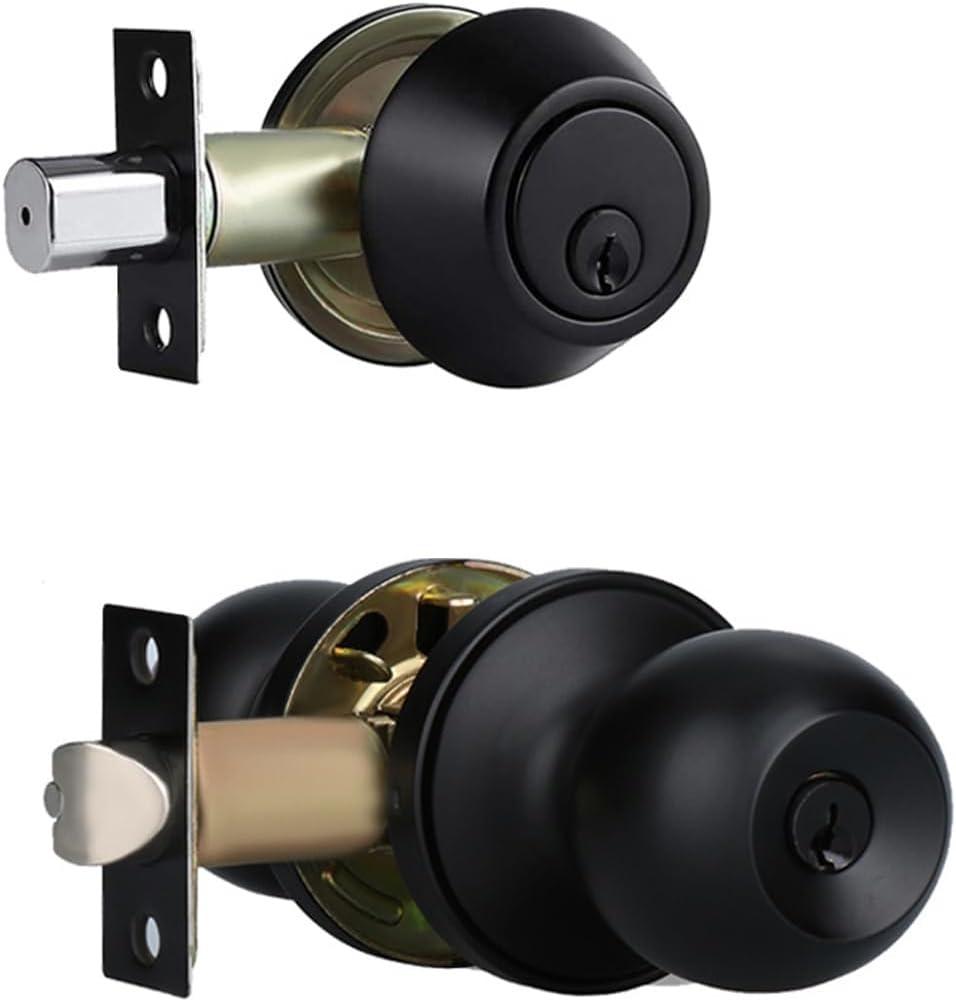Front Door Lock Set Exterior Door Lock Set with Deadbolt, Single Cylinder Deadbolt Lock and Door Knob Set, Keyed Alike,Matte Black Door Knob and Deadbolt Set(1Pack Set)