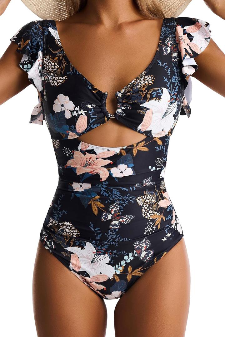 Women's One Piece Swimsuits Tummy Control Ruffle Bathing Suit Cutout Slimming Swim Suit V Neck Ring Linked Swimwear, Large