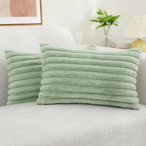 decorUhome Faux Fur Throw Pillow Covers 12x20 Set of 2, Decorative Soft Plush Striped Lumbar Neutral Couch Pillow Covers with Velvet Back for Sofa, Bed, Living Room Home Decor, Sage Green