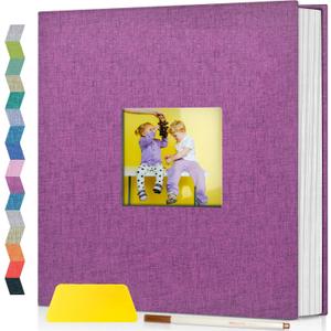 Popotop Photo Album Self Adhesive with Picture Display Window,60 Pages DIY Scrapbooking Supplies Kit for 4x6 10x12 Picture,Linen Cover Memory Book for Baby Wedding, with Scraper and Metallic Pen (Dark purple)