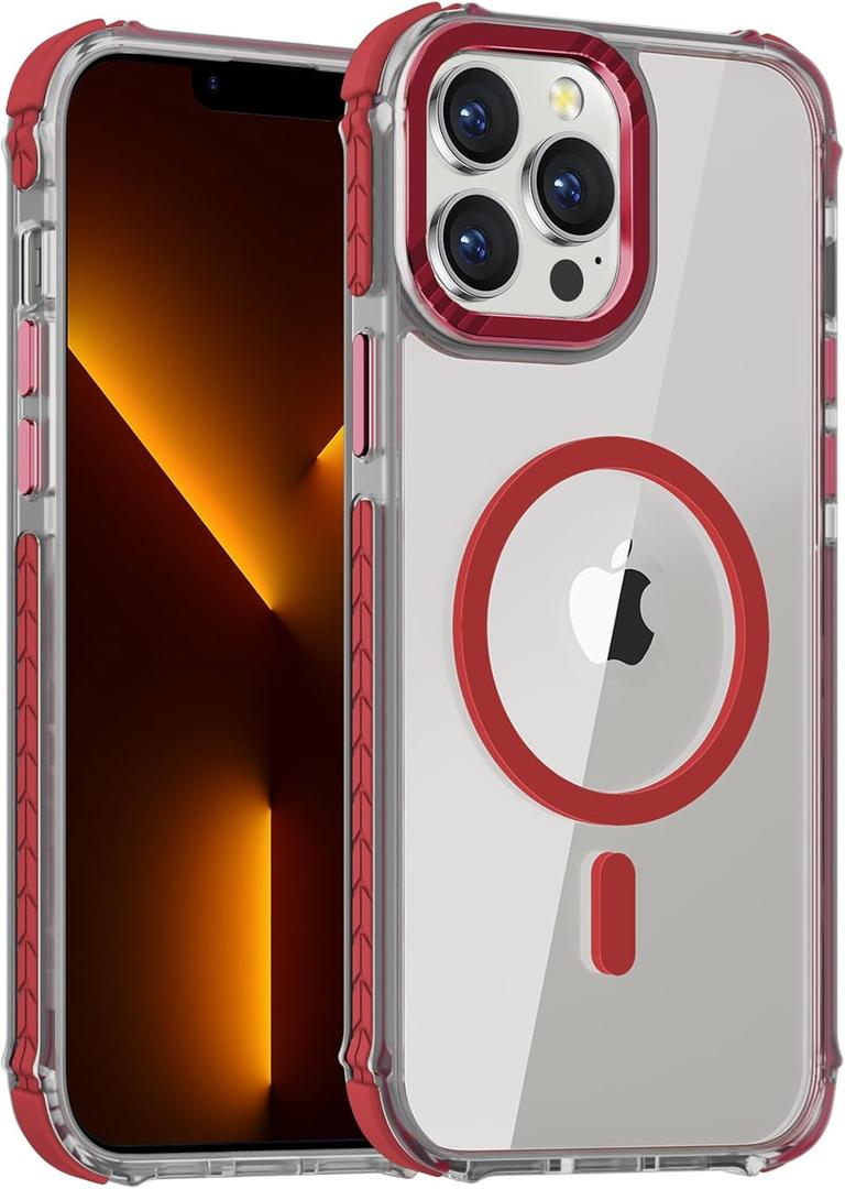 DEERLAMN Strong Magnetic Case for iPhone 14 Pro 6.1-Inch,[Compatible with Magsafe] Clear Slim Shockproof Protective Phone Cover for Women Men-Transparent Red