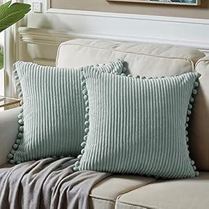 Fancy Homi Pack of 2 Farmhouse Decorative Throw Pillow Covers with Pom-poms, Soft Corduroy Solid Square Cushion Cases Set for Couch Sofa Bedroom Car Living Room (16x16 Inch/ 40x40 cm, Grey Blue)