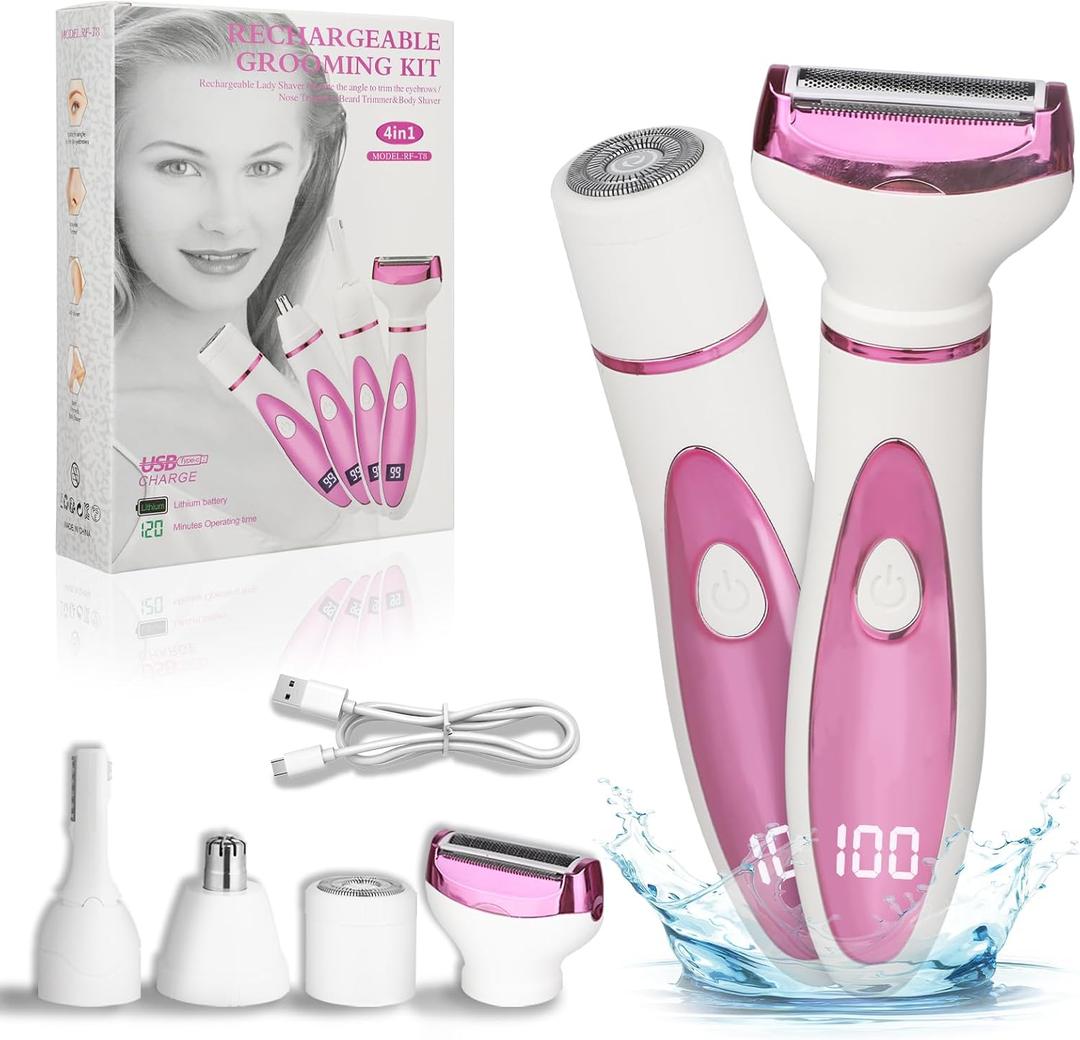 Electric Razor for Women Men with LED Display,4 in 1 Ladies Wet & Dry Body Razors and Facial Hair Remover, Rechargeable Hair Removal Kit for Nose Face Body Leg Bikini Arm Hair 