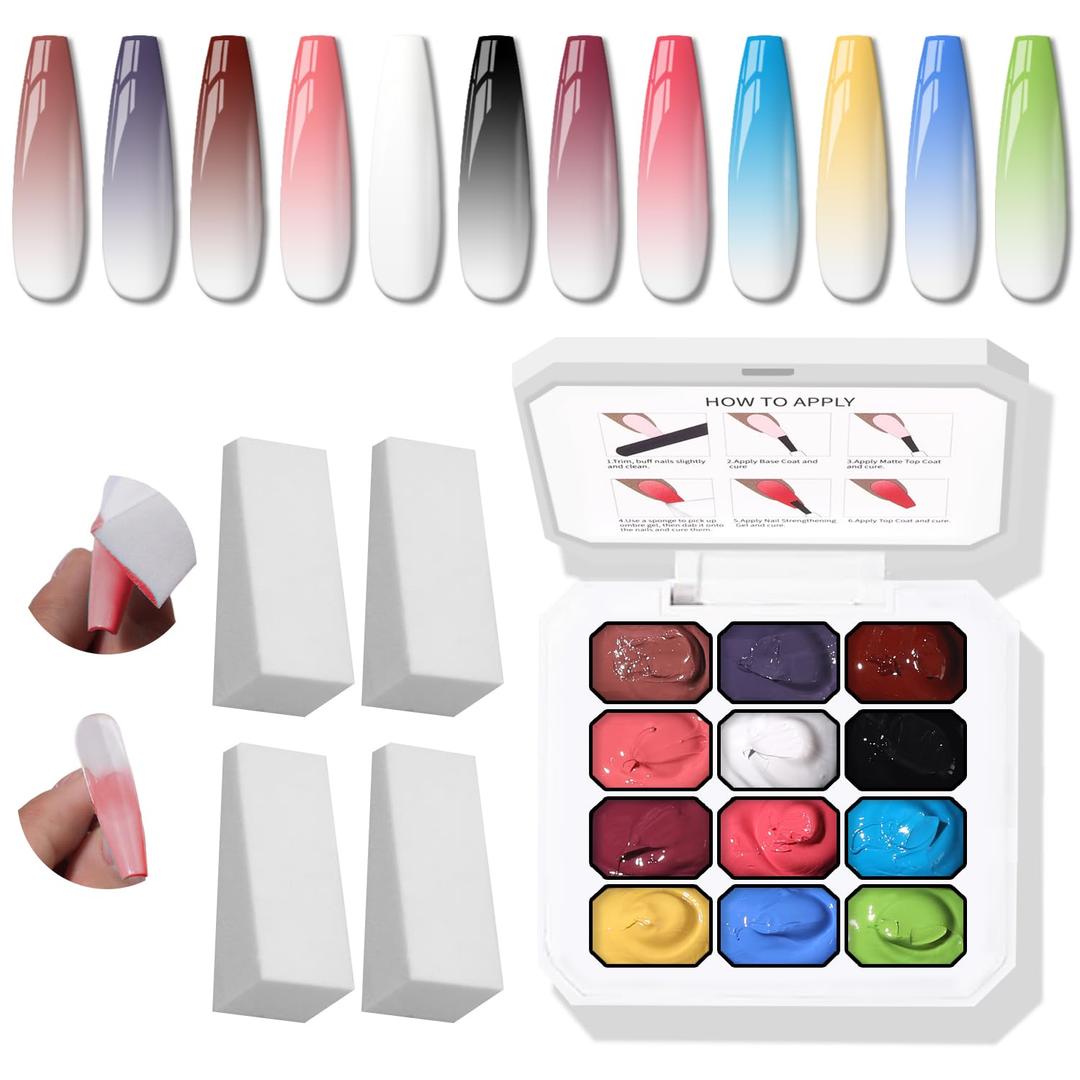 Sponge Pat Gel Nail Polish Palette, 12 Colors Blending Ombre Gel Polish Gradient Painting Nails Art, No Wipe, UV/LED Cured (12 Colors D)