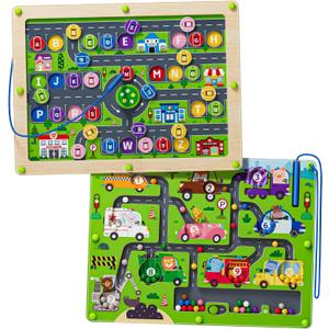 2 in 1 Magnetic Color and Number Maze Double-Sided ABC Alphabet Puzzles Board Magnet Dinosaur Counting Maze Preschool Learning Montessori Education 3 4 5 Years Toys (Car, One Size)