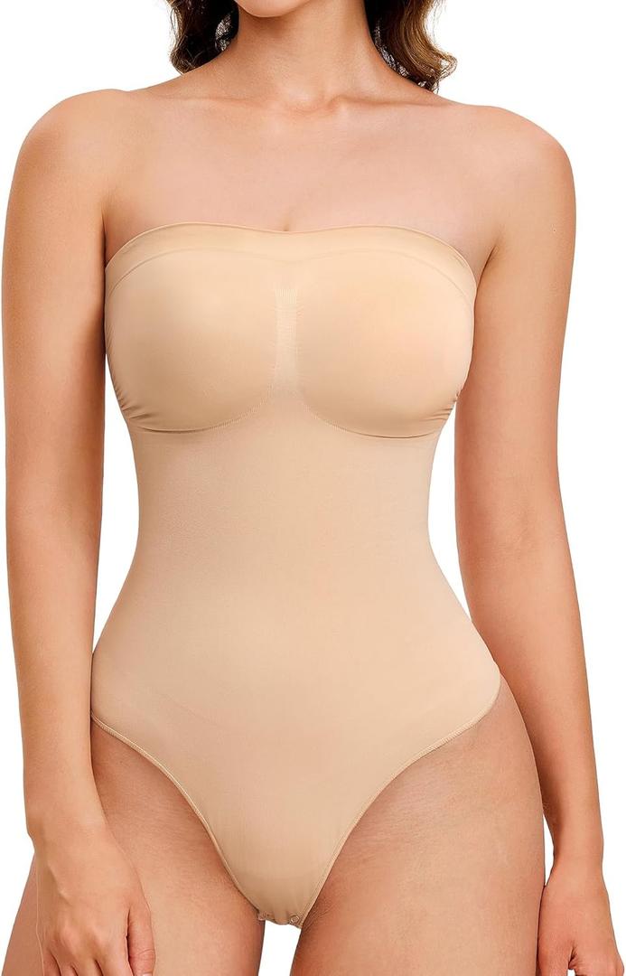 Strapless Thong Bodysuit for Women Seamless Tummy Control Shapewear Body Shaper -Removable Strap Tube Top Leotard (Small, Beige)