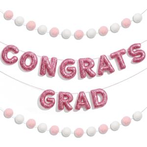 Pre-Strung Glitter 2026 Congrats Grad Felt Banner, Pink Class of 2026 Graduation Sign for Backdrop with Felt Ball Garland Reusable Graduation Party Banner for College High School Decor