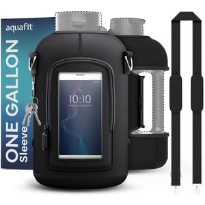 AQUAFIT 1 Gallon Jug Sleeve, Neoprene Water Bottle Bag with Adjustable Shoulder Strap and Pocket, 128 oz Sling Bag, Carrier Bag (Sleeve Only - No Bottle, Black)