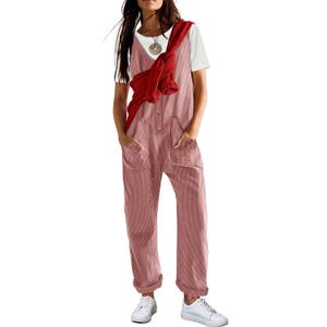 YESNO Corduroy Overalls for Women Casual Scoop Neck Harem Jumpsuits Adjustable Straps Tapered Rompers with Pockets PCS (Small, Pink)