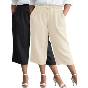 Evervibe 2 Pack Linen Capri Pants for Women 5XL High Waist Drawstring Pockets Casual Cropped Trousers 